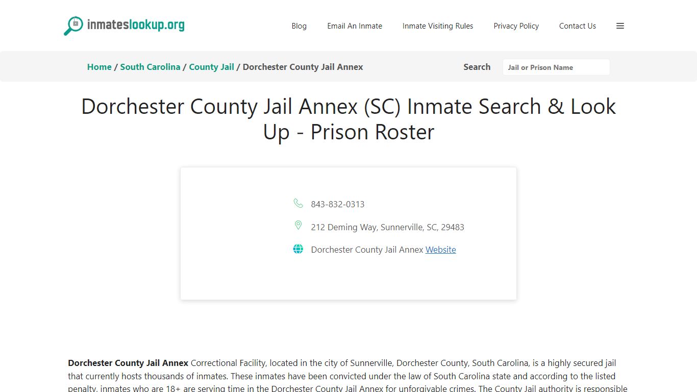 Dorchester County Jail Annex (SC) Inmate Search & Look Up - Inmate Lookup