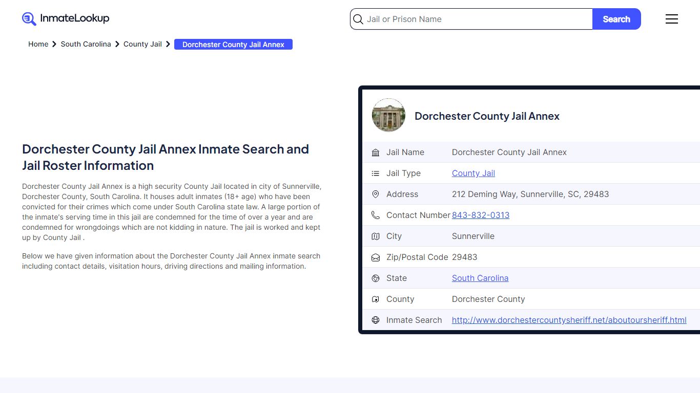 Dorchester County Jail Annex Inmate Search - Inmate Lookup